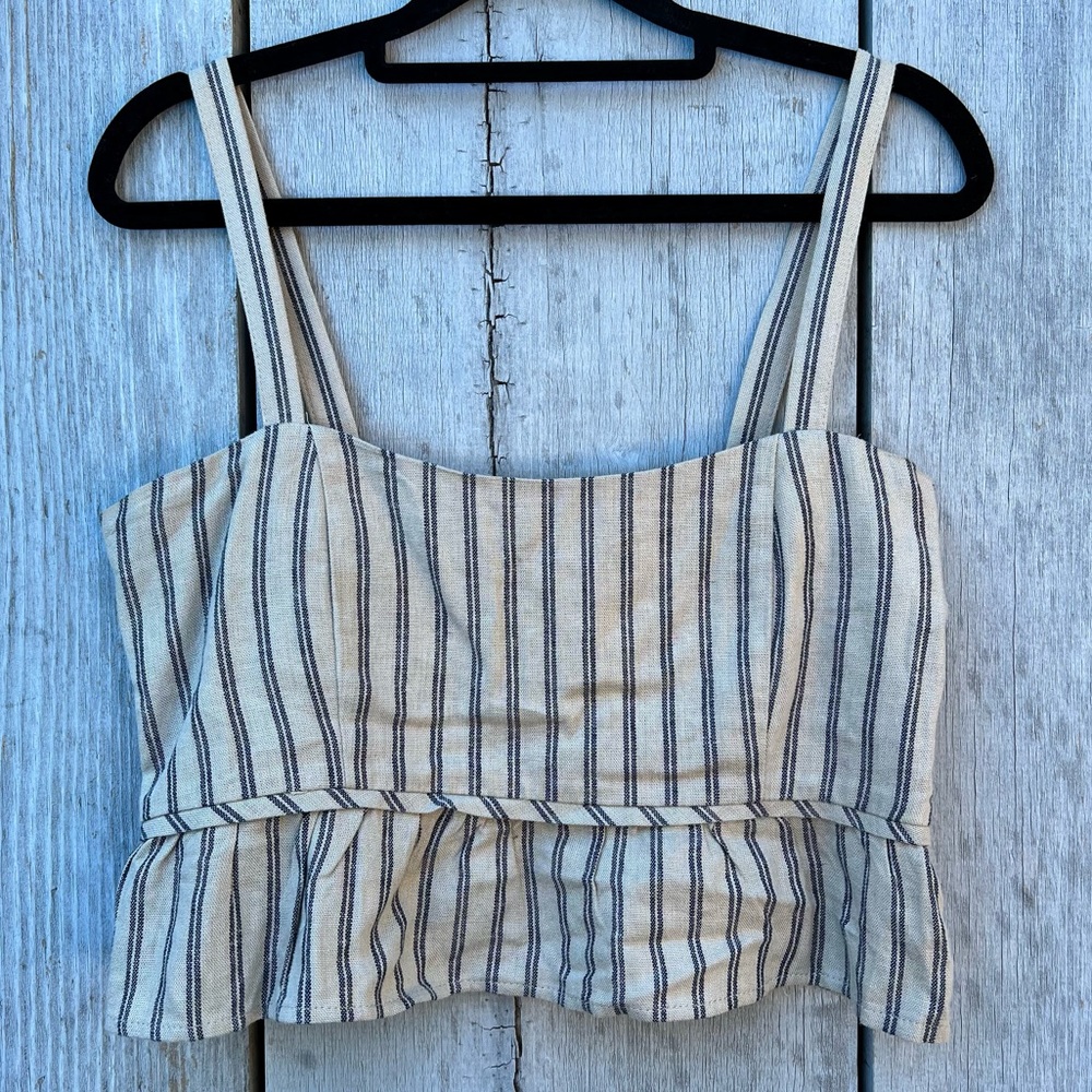 1. State striped linen blend cropped ruffle spaghetti strap neutral tan tank top